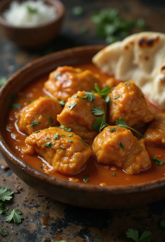 Kuracie tikka masala v krémovej paradajkovej omáčke, ozdobené čerstvým koriandrom