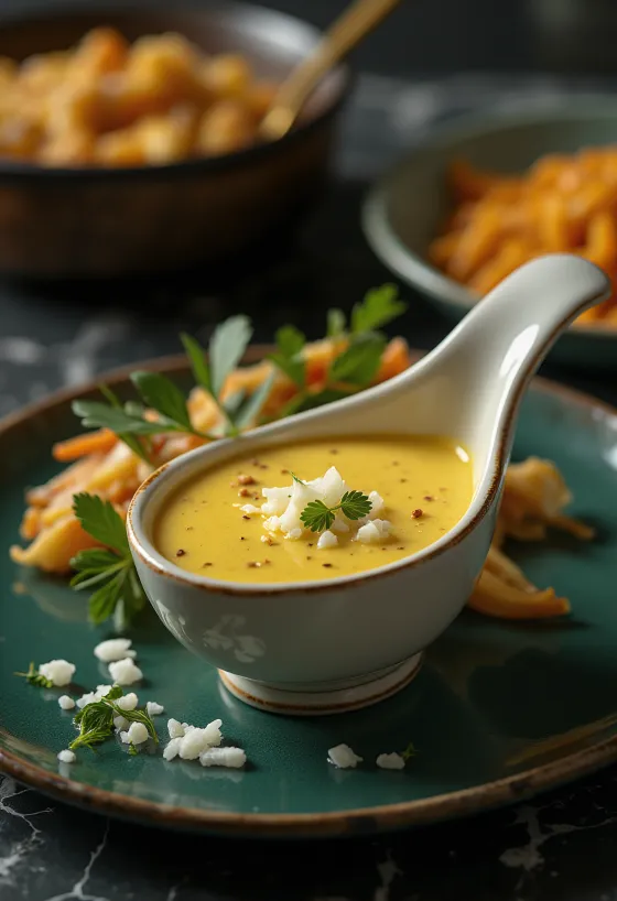 Smotanovo-cibuľová karí omáčka pri servírovaní