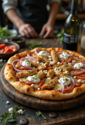 Gyros pizza s pečeným kuracím mäsom, syrom feta a tzatziki omáčkou