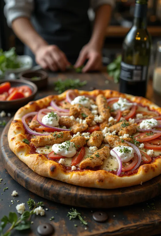 Gyros pizza s pečeným kuracím mäsom, syrom feta a tzatziki omáčkou