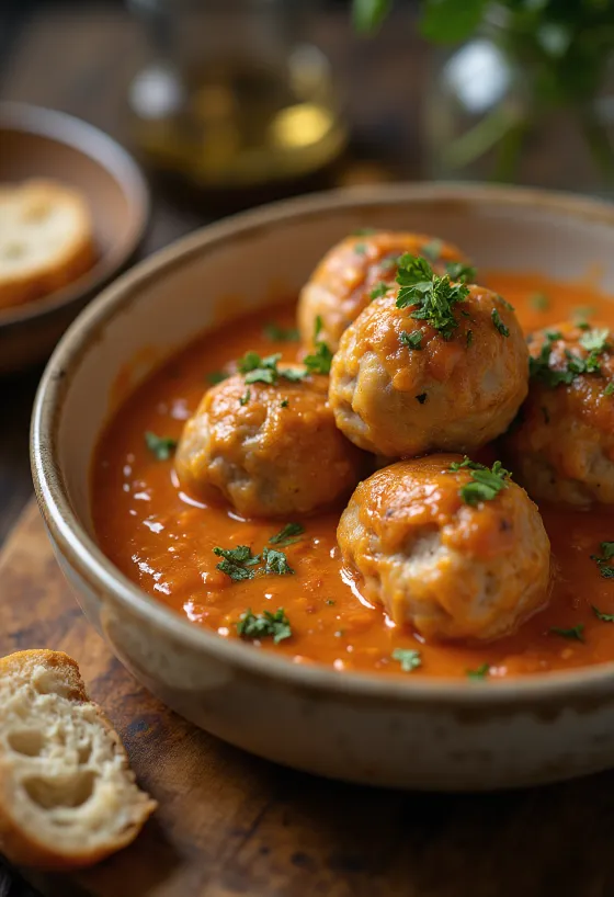 Mäsové guľky podávané s paradajkovou omáčkou a prílohou