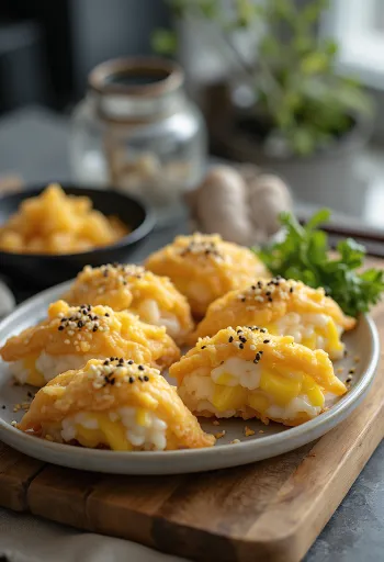 Inarizushi s praženicou, čerstvé a chutné sushi s vaječnou plnkou