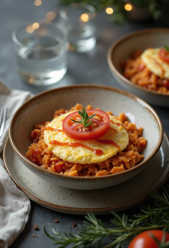 Omurice miska s paradajkami, chutné japonské jedlo servírované