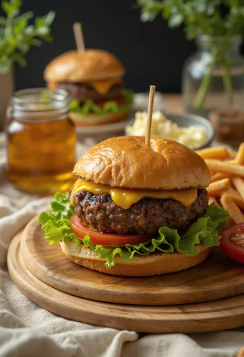 Burger z tulenieho mäsa podávaný so šalátom, paradajkou a majonézou.