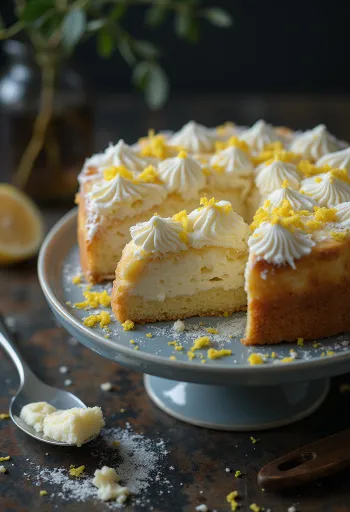 Klasická tvarohová torta posypaná práškovým cukrom