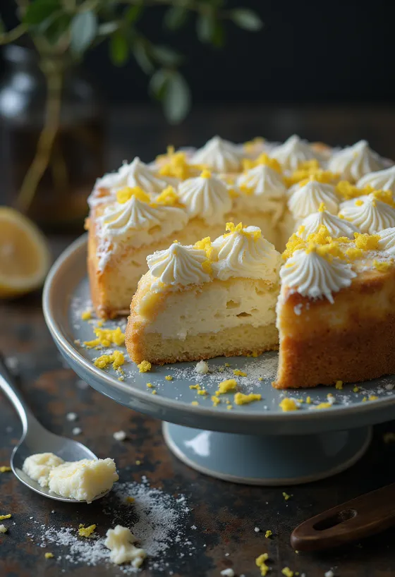 Klasická tvarohová torta posypaná práškovým cukrom