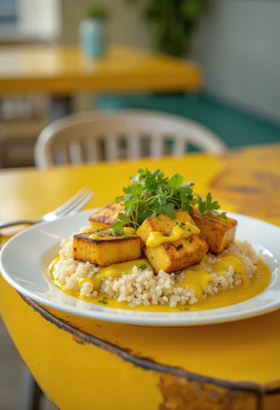 Grilované tofu s quinoou a kari tahini omáčkou servírované
