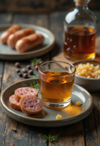 Likér z domácej klobásy vo fľaši, vedľa údená klobása a koreniny