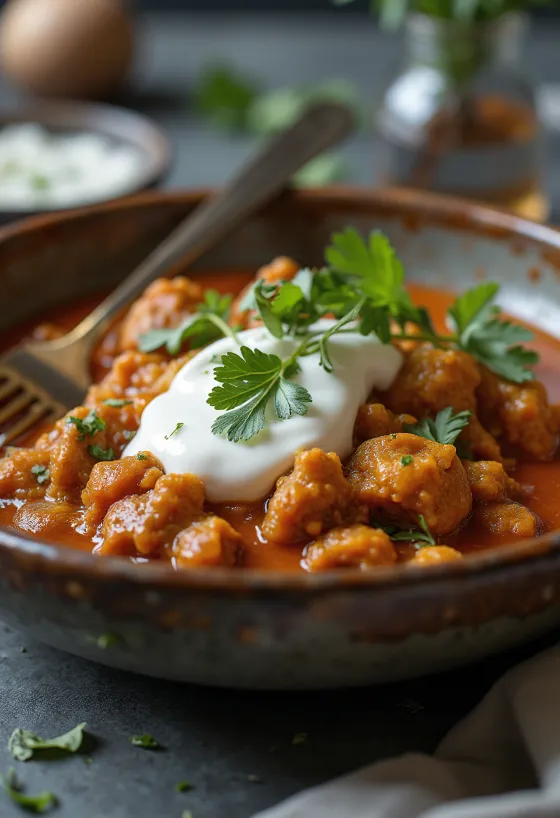 Rogan Josh s jogurtom, podávaný v korenistej omáčke