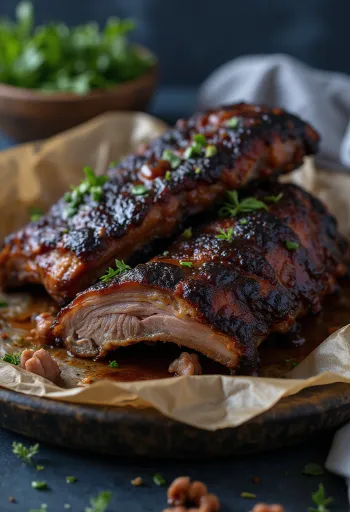 Údené byvolie rebrá podávané na rustikálnom podnose s barbecue omáčkou.