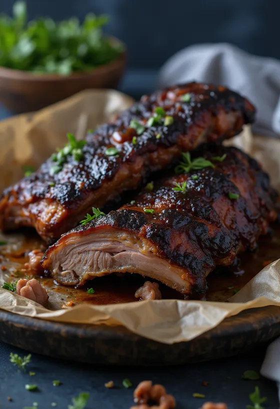 Údené byvolie rebrá podávané na rustikálnom podnose s barbecue omáčkou.