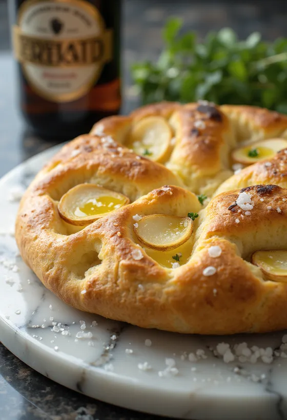 Pivovo-slaná cesnaková focaccia servírovanie