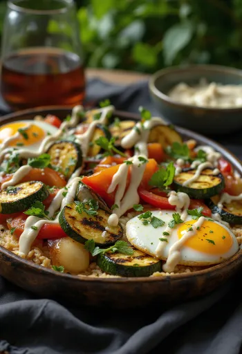Grilovaná zelenina s tahini dresingom, ozdobená petržlenovou vňaťou