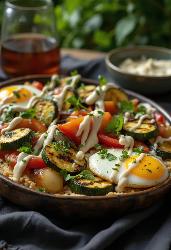 Grilovaná zelenina s tahini dresingom, ozdobená petržlenovou vňaťou