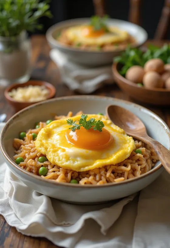 Omurice misa so sójovou omáčkou, podávaná s vajcom a zeleninou