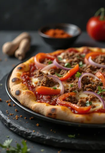 Pizza Algerienne servírovaná na stole