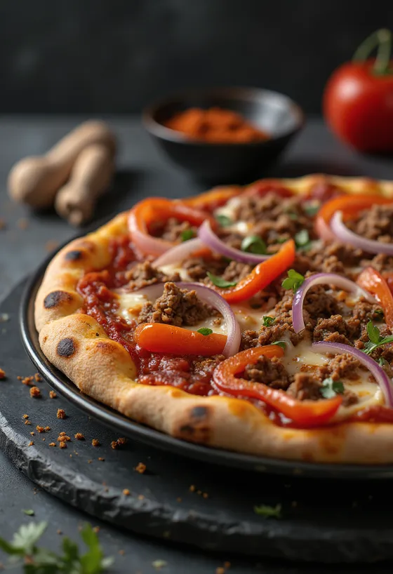 Pizza Algerienne servírovaná na stole