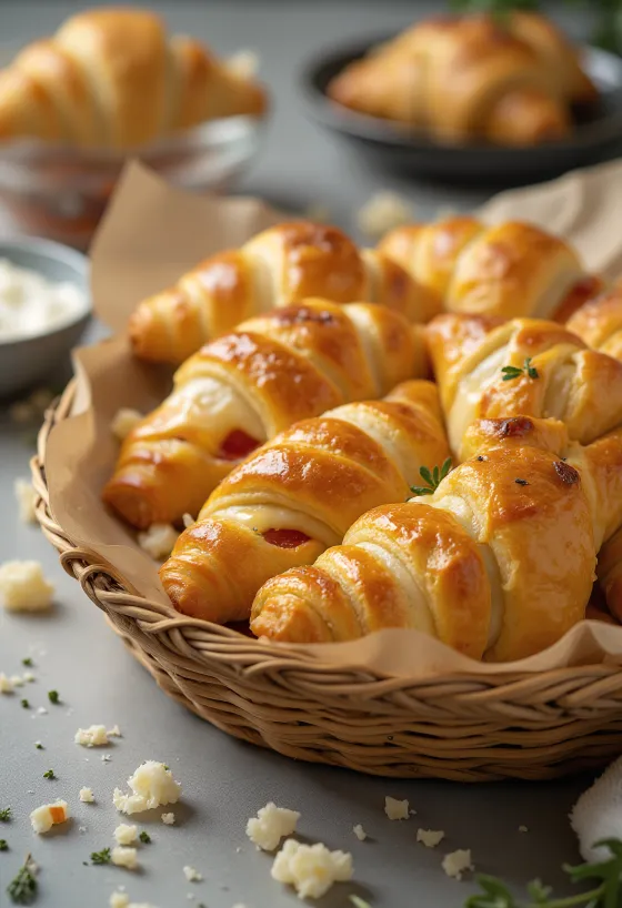 Čerstvo upečené pizzové rožky s roztaveným syrom a paradajkovou plnkou, servírované na podnose.