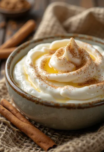 Probiotický tvarohovo-škoricový jogurt podávaný v pohári, posypaný škoricou