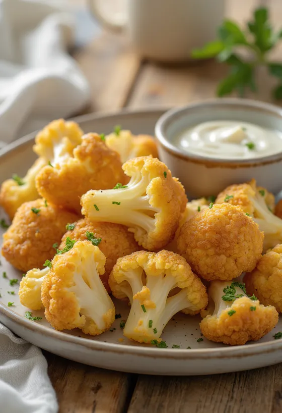 Vyprážaný karfiol upečený dozlatista, podávaný v chrumkavom obale