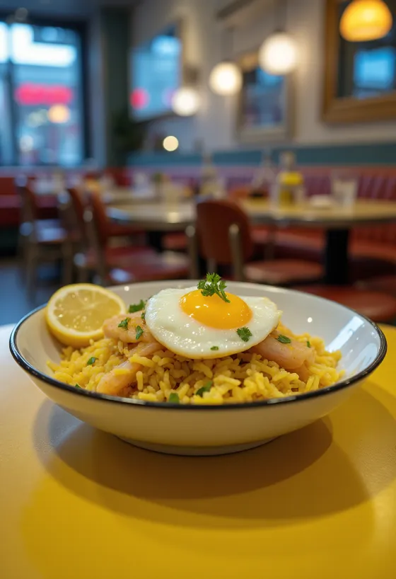 Kedgeree z údenej tresky v miske s vajcami a petržlenovou vňaťou.
