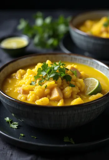 Šafranové Arroz Caldo s kuracím mäsom, podávané s čerstvým koriandrom