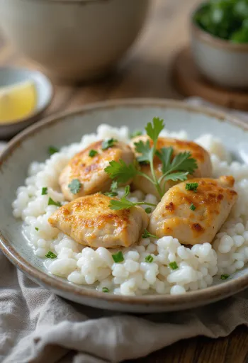 Balaleet s kokosovým mliekom podávaný s kuracím mäsom a čerstvým koriandrom