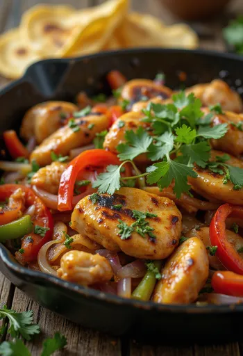 Fajitas s kuracím mäsom a zeleninou, podávané s čerstvým koriandrom