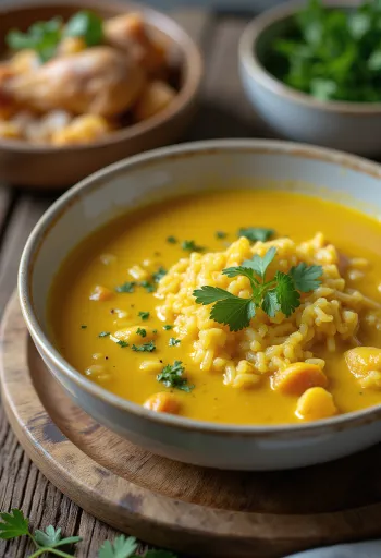 Polievka Mulligatawny s kuracím mäsom servírovaná