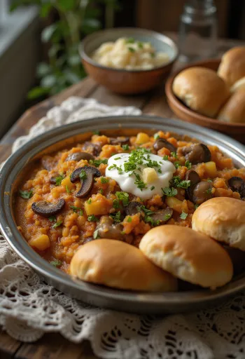 Pav Bhaji s hubami, čerstvo podávané v miske so žemľou