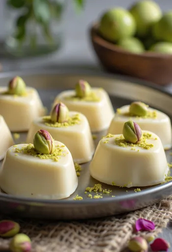 Pistáciový sondesh s tvarohom a ružovou vodou, zdobený pistáciami