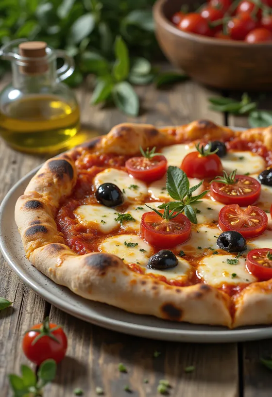 Pizza alla Barese s paradajkami a čiernymi olivami