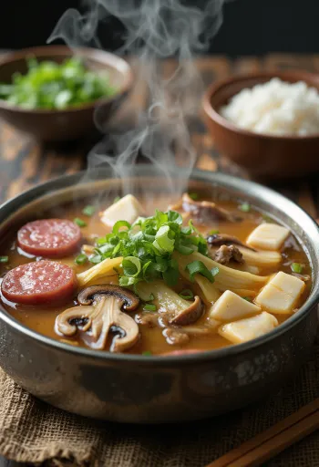 Sundae Jeongol podávané s čerstvou zeleninou a čili