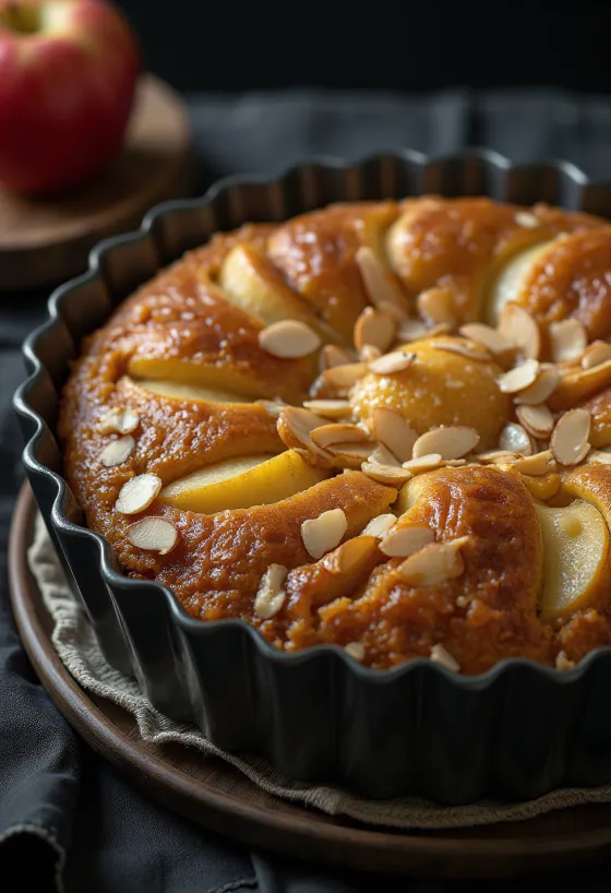 Jablkovo-mandľová torta s nakrájanými jablkami a mandľovou vrstvou