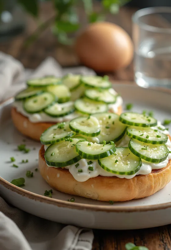 Bagel s uhorkou a krémovým syrom, ozdobený čerstvým kôprom