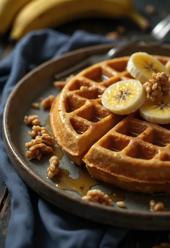Banánové vafle s čerstvými kolieskami banánu a orechmi