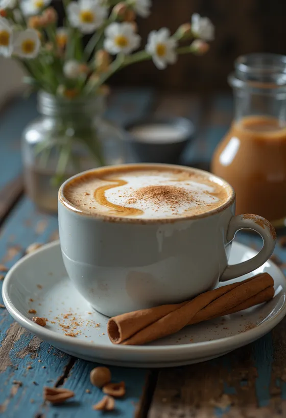 Karamelové chai latte servírovaný v pohári