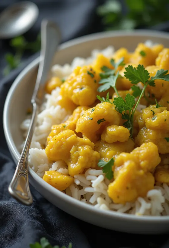 Karfiolová ryža s kari zeleninou, čerstvo servírovaná.