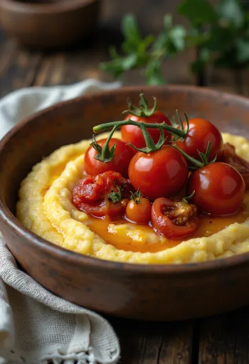 Polenta s pečenými paradajkami, pokvapkaná cesnakovým olejom, naservírovaná