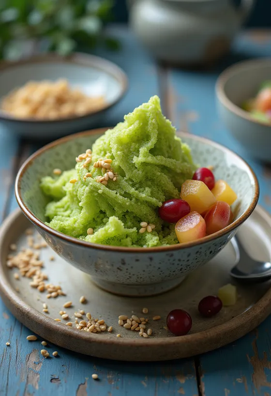Zelený čaj Bingsu, kórejský ľadový dezert s matcha práškom, čerstvým ovocím a praženým sezamom