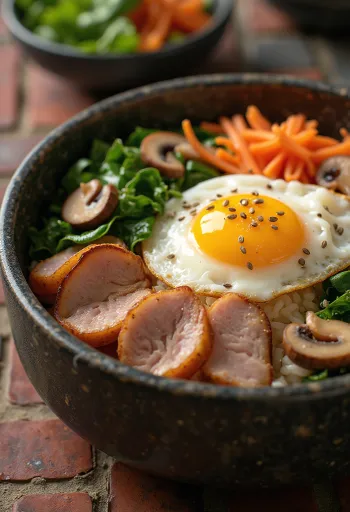 Farebná miska Bibimbap s bravčovým mäsom a zeleninou