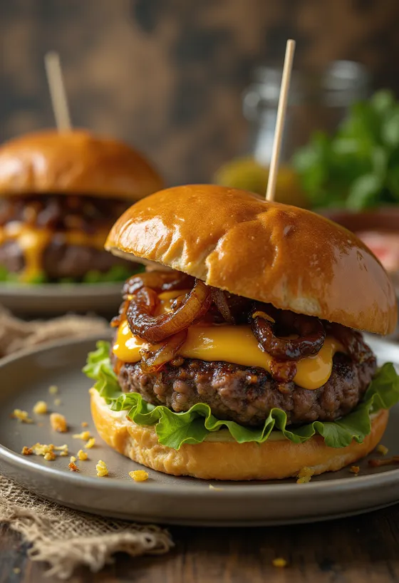 Burger s karamelizovanou cibuľou servírovanie