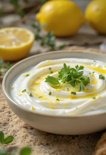 Probiotický citrónovo-mätový jogurt podávaný s čerstvou citrónovou kôrou a mätou