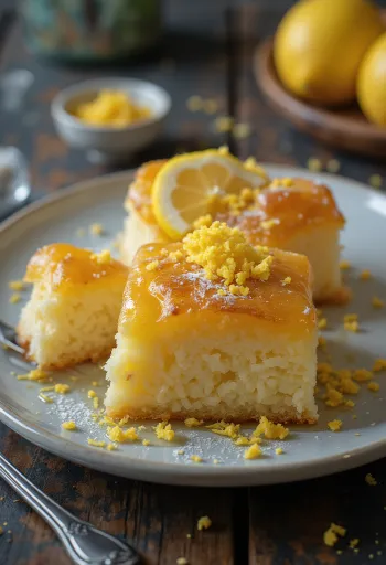 Revani s olivovým olejom, dochutený citrónom, upečený dozlatista