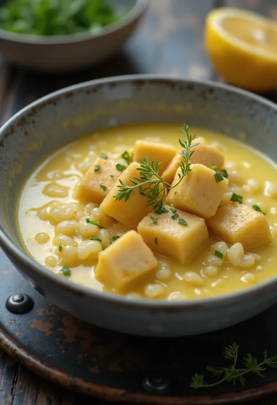 Vegánska polievka Avgolemono s čerstvou zeleninou a kockami tofu