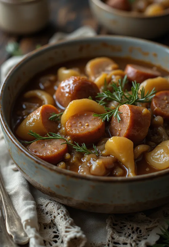 Hustý Bigos v miske s chlebom