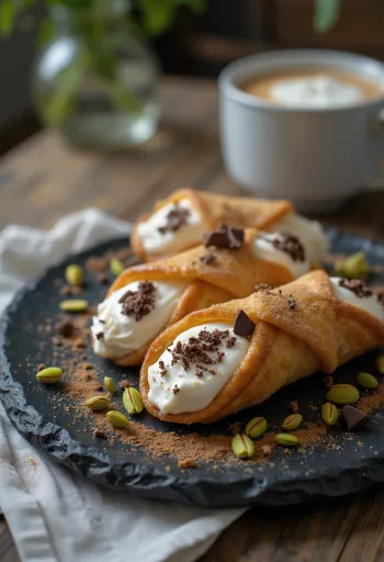 Cannoli so škoricovou plnkou, zdobené pistáciami a horkou čokoládou