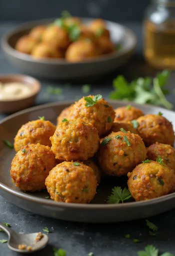 Falafel s chrumkavým zlatohnedým povrchom, posypaný čerstvými bylinkami