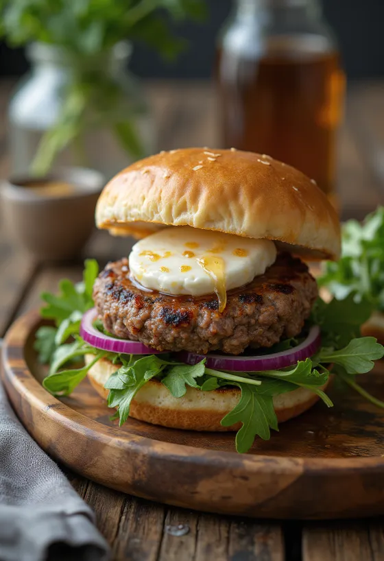 Burger s kozím syrom servírovanie
