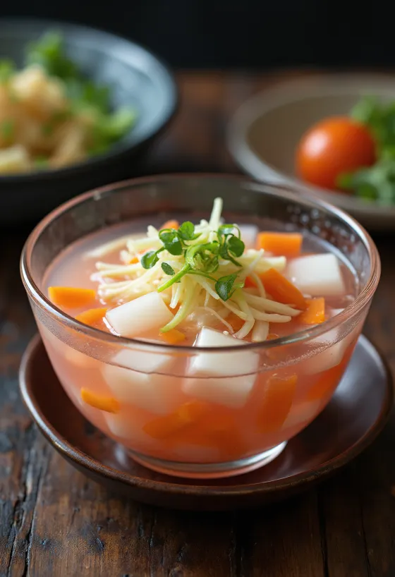 Nabak Kimchi, vodnaté a jemne pálivé kórejské kimchi s čerstvou zeleninou